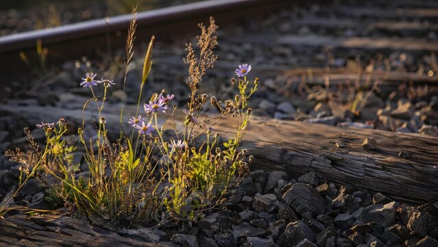 Wildflowers growing between weathered railway sleepers at golden hour.