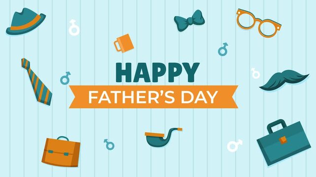Father's Day Celebration Flat Design: A charming flat design illustration celebrating Father's Day, featuring iconic symbols of fatherhood like ties, hats, and mustaches.