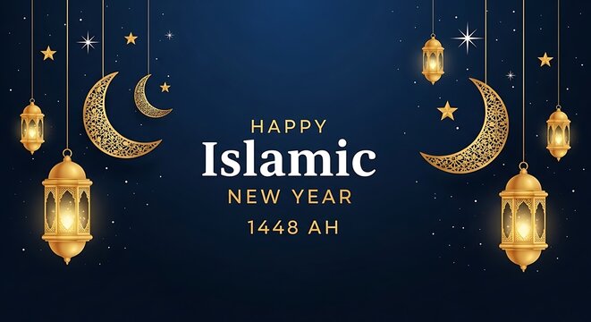 Happy islamic new year 1448 ah greeting card with golden lanterns and crescents