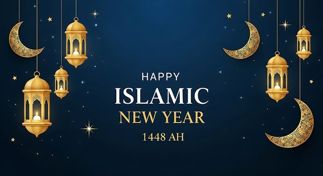Happy islamic new year 1448 ah greeting card with golden lanterns and crescents