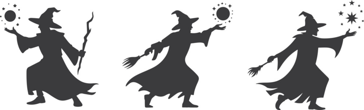 Set of three Minimalist black wizard sorcerer casting spell silhouette vector icon