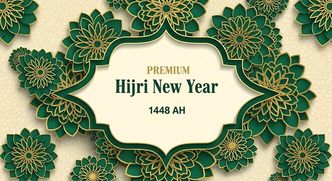 Premium hijri new year 1448 ah greeting card design with floral pattern