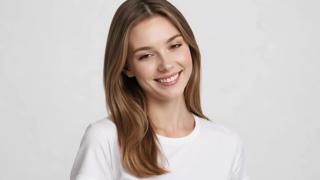 Two-frame portrait sequence of a young woman in a white t-shirt against a neutral backdrop, showing a calm headshot and a later smiling, natural studio close-up
