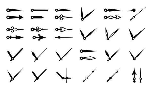 Analog Clock Hand and Watch Pointer Silhouette Icons Black and White Vector Collection