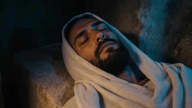 Jesus Christ lying in the stone tomb wrapped in linen shroud. Solemn biblical scene of burial before resurrection