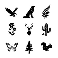 Fototapeta premium Collection of nature icons including animals plants and insects in black silhouette style.