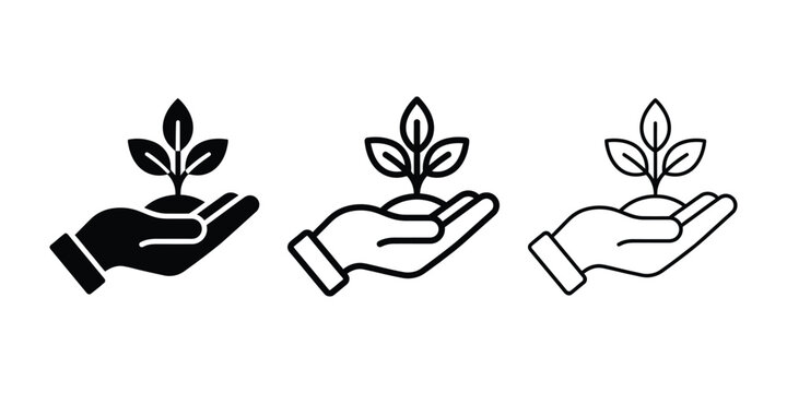 Plant in hand icon silhouette vector, bold outline and line art design