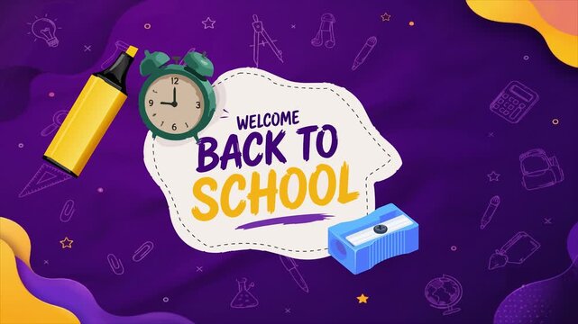 Welcome Back to School: A vibrant illustration welcoming students back to school, featuring school supplies like a marker, clock.