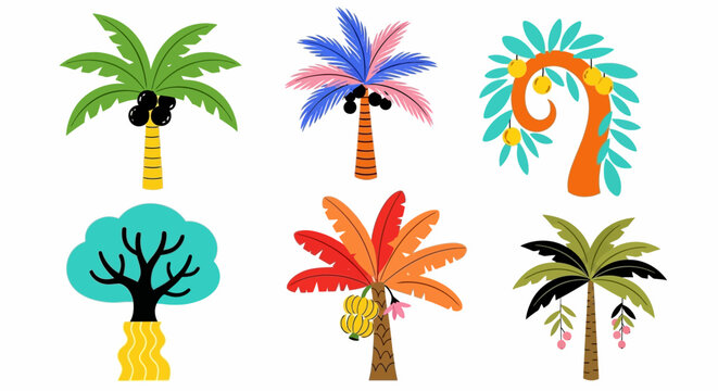 Diverse Colorful Palm Trees in Cartoon Illustrations Displaying Tropical Variety.