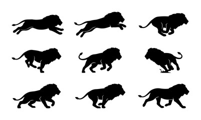 Lion Silhouette Animation Frames, Majestic Big Cat Motion Sequence, Powerful Predator Poses, Dynamic Wildlife Vector Art Set © Arpita