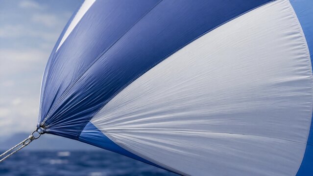 Close-up of taut spinnaker sail fabric bulging under strong wind.