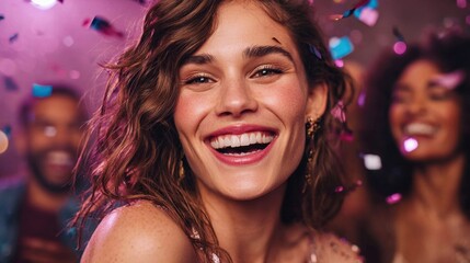 Fototapeta premium Joyful young woman laughing with confetti falling around her at a party
