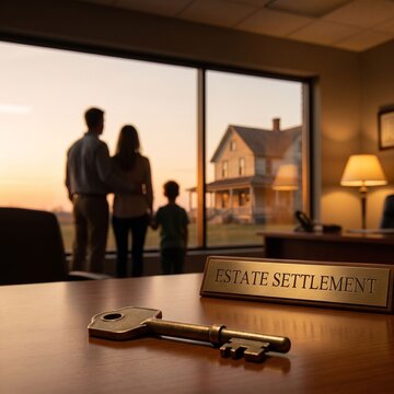 Key on desk with estate settlement plaque and family silhouetted by window symbolizing probate lawyer handling estate transfer and settlement.