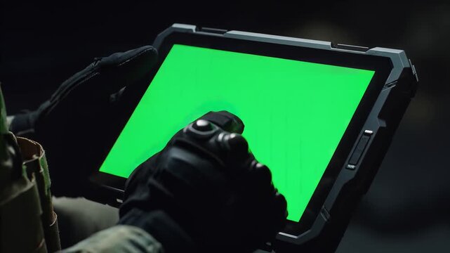Soldier Hands Using Rugged Tactical Tablet With Green Screen