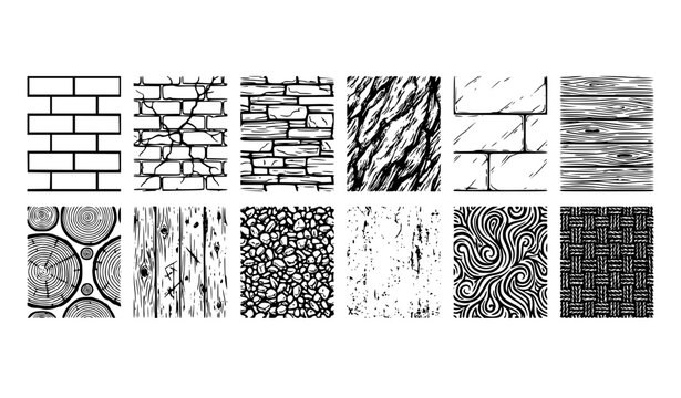 Hand Drawn Seamless Texture and Pattern Material Swatches Set with Brick Wall, Wood Grain, Stone, Marble, and Cross Section Log Symbols