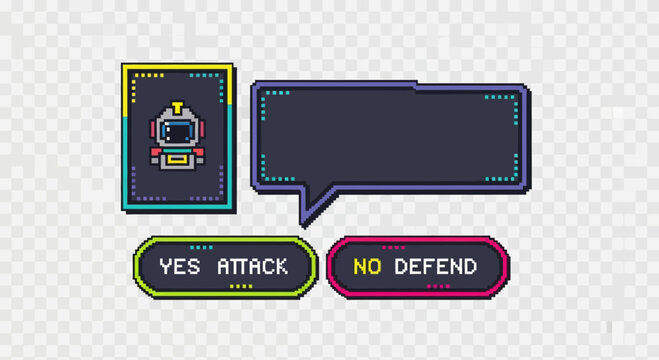 Pixel Art Game Decision Screen with Attack or Defend Options