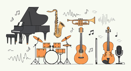 A colorful illustration of various musical instruments © Mulyadi