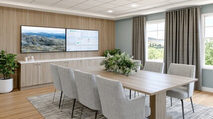 Fototapeta premium Modern home office setup with dual monitors near window, remote work and productivity concept.