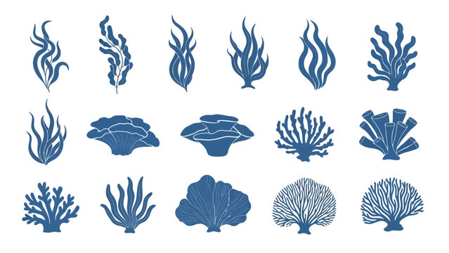 Blue Silhouettes of Seaweed and Underwater Plants in a Marine Pattern.