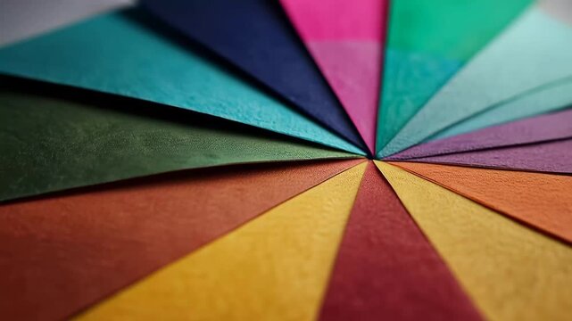 Colorful paper arranged in a circular pattern showing various shades on a flat surface under normal lighting at a crafting space