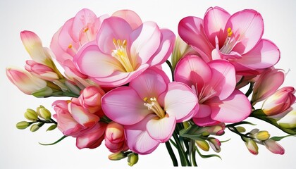 Obraz premium Pink Freesia Flowers Floral Composition Isolated On Transparent Background With Shadow Cut Out Isolated On White Background Ai Generated