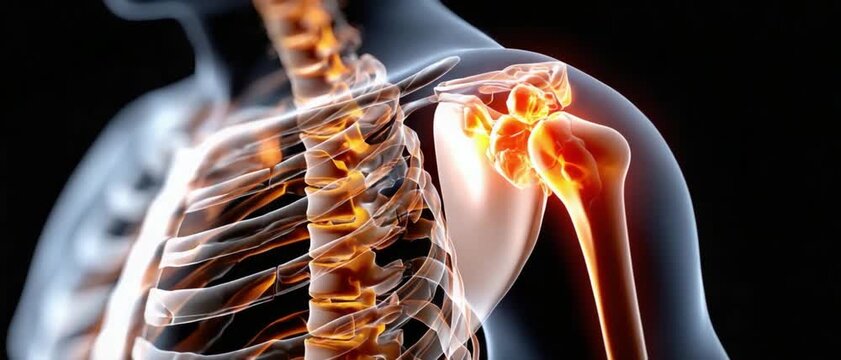 Anatomy of the Shoulder Joint: A detailed 3D medical illustration showcases the intricate anatomy of the human shoulder joint, highlighting the complex network of bones, muscles.