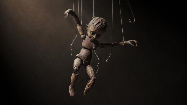 Broken marionette hanging mid-air with dramatic side light.