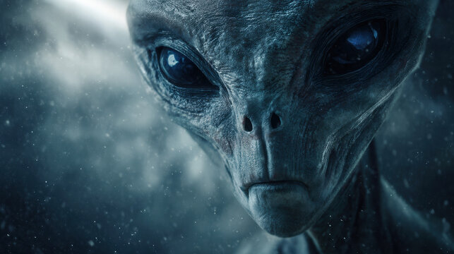 Atmospheric portrait of grey alien with cosmic blue foggy background and mysterious glowing light