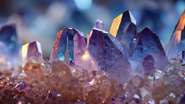 Colorful crystal formations shine under soft light in a close-up view showing details of texture and structure in a natural setting