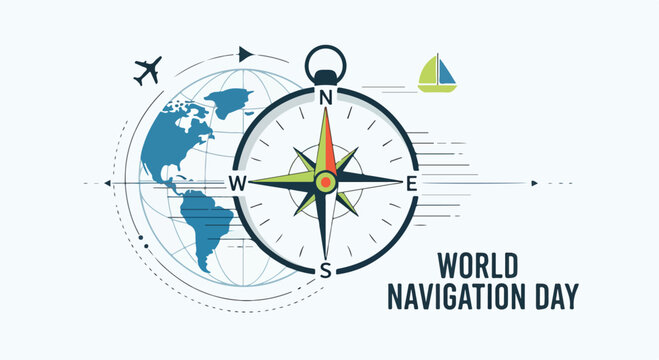 A compass, globe, and travel symbols on a white background