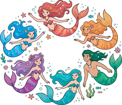 Colorful cartoon mermaids and merman swimming together underwater surrounded by sea creatures