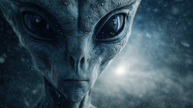 Atmospheric portrait of grey alien with cosmic blue foggy background and mysterious glowing light
