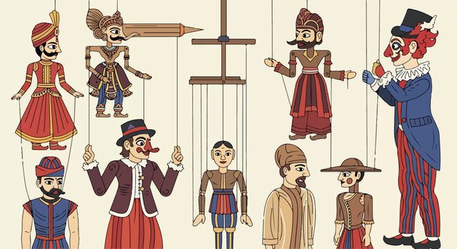 A colorful illustration of marionettes in various traditional and modern outfits