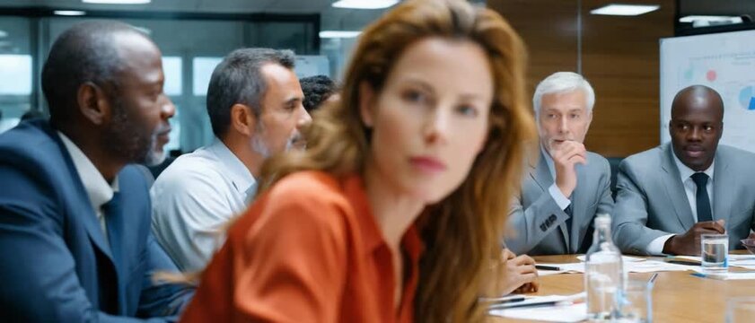 Boardroom Engagement: A dynamic boardroom scene where diverse professionals engage in discussion, focusing on a compelling presentation, fostering collaboration and strategic thinking.