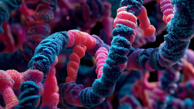 DNA structure shows colorful twists and turns in a science illustration with a focus on molecular biology and genetics at night
