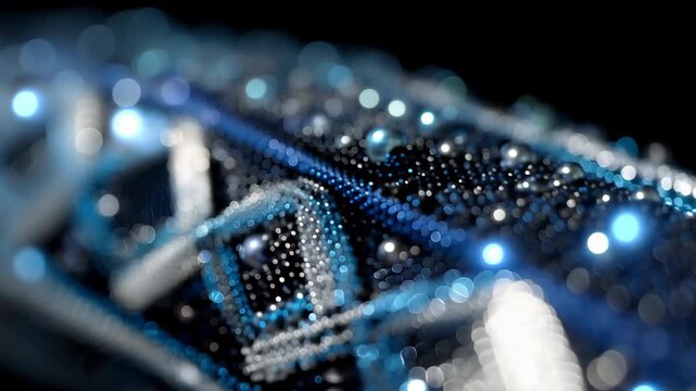 Close-up view of a decorative object made of beads and sequins in shades of blue and silver on a dark surface