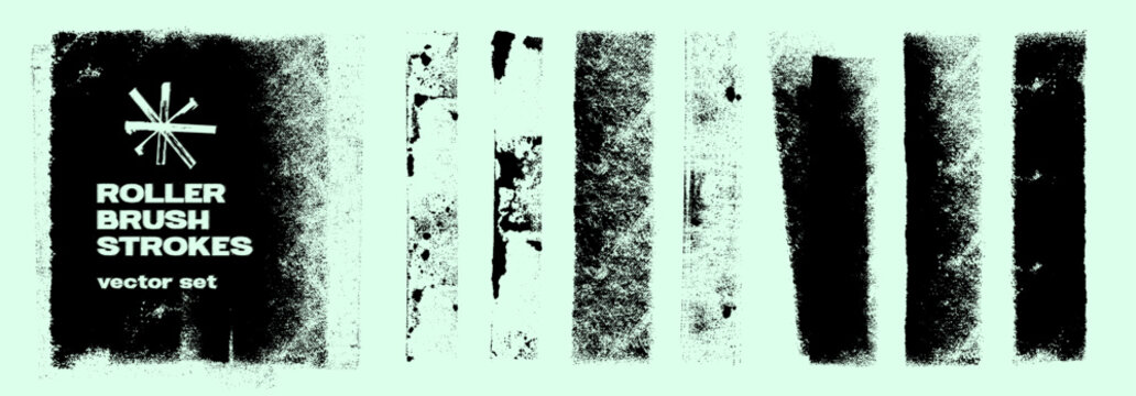 Grunge Roller Brush Stroke Vector Texture Set. Grunge roller brush stroke set on a pale mint background with rough paint textures, splatter edges. Linocut Brayer Roller Ink Texture Set. Vector