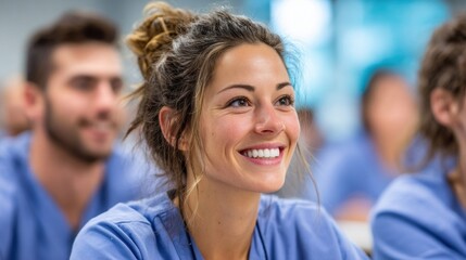 Fototapeta premium Young smiling woman in scrubs attentively listening in a classroom setting