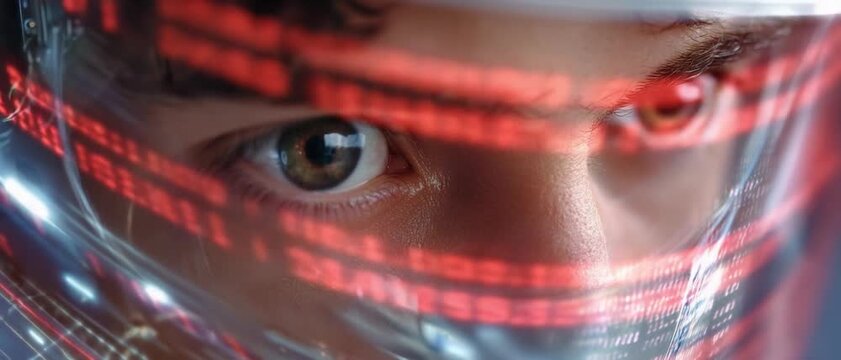 Cybernetic Vision: A close-up shot focuses on a person's intense gaze through a futuristic visor displaying red digital code, suggesting advanced technology and data analysis.