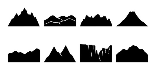 Diverse Mountain Silhouettes Collection, 8 Black Vector Peaks and Ranges for Landscape Design, Nature Graphics, and Outdoor Themes © Ahsan