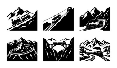 Mountain Railway Vector Icons: Vintage Train, Cable Car, Tunnel, Bridge Scenes. Retro Transport Graphics for Travel, Adventure, and Heritage Projects. © Ahsan