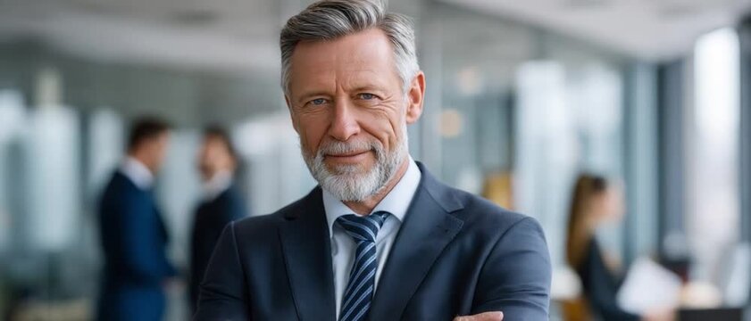 A Confident Leader in Business: A seasoned businessman with distinguished gray hair and a neatly trimmed beard stands with arms crossed.