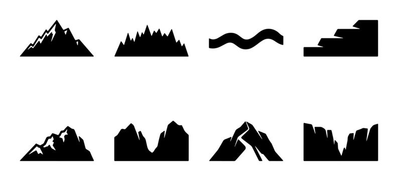 Mountain Range Silhouettes, Rugged Peaks, and Wavy Lines Vector Icons Set. Diverse Landscape Elements for Outdoor Adventure and Nature Graphics.