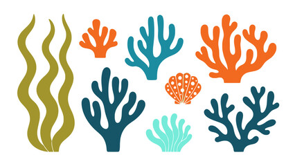 Fototapeta premium Colorful undersea corals, seaweed and silhouettes in a vibrant reef ecosystem.