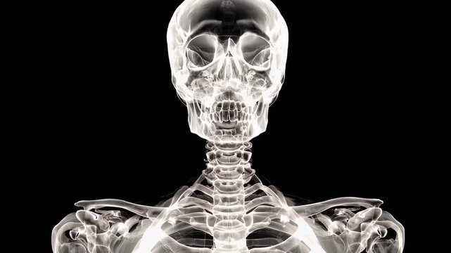 Skeleton displayed against a black background shows the human bone structure and form while highlighting the spine and rib cage in detail