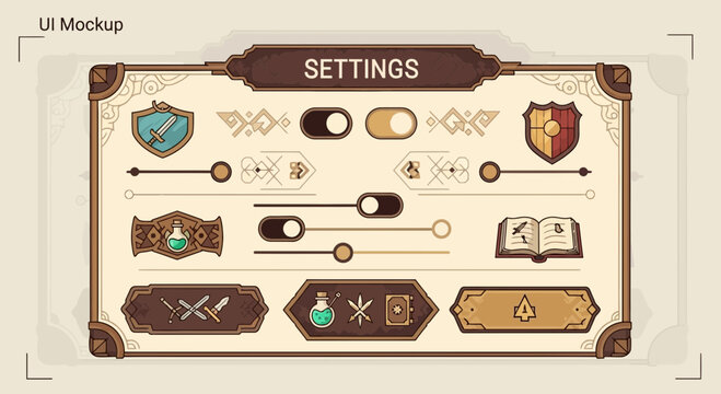 Fantasy Game Settings UI Mockup with Medieval Themed Icons