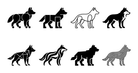 Set of 8 Geometric and Stylized Wolf Vector Icons, Minimalist Animal Graphics, Black and White Canine Silhouettes for Wildlife and Nature Design © Ahsan