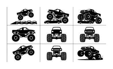 Monster Truck Vector Icons Set, Off-Road Vehicle Graphics, Extreme Sports Transportation Collection, Black and White Illustrations © Ahsan