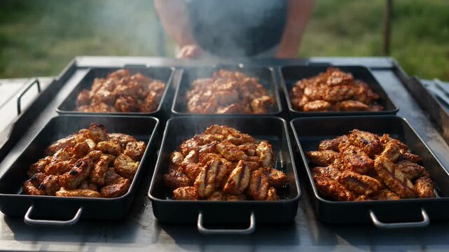 Six metal trays filled with smoking, grilled chicken wings on a large outdoor barbecue grill with a chef behind.