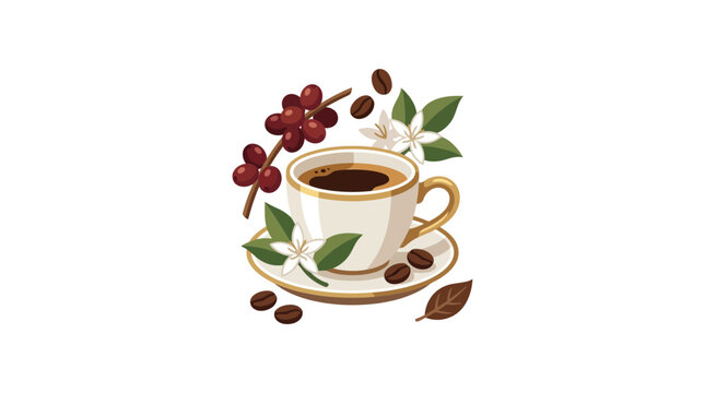 Fresh Coffee Cup with Beans, Blossoms, and Berries - Aromatic Morning Beverage